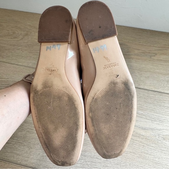 Zara Tan patent Leather tassels bow shoe with gold heel size 37 - Picture 4 of 5